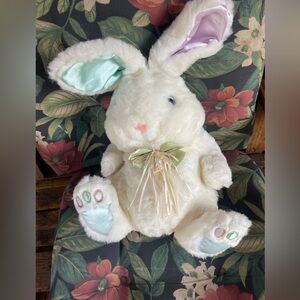 Vintage TB Trading Bunny plush White Pink /Blue satin silk ears satin feet hair